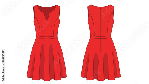 Red dress technical illustration front back. V-neck, fitted bodice, cinched waist, flowing pleated skirt. Perfect for fashion design apparel