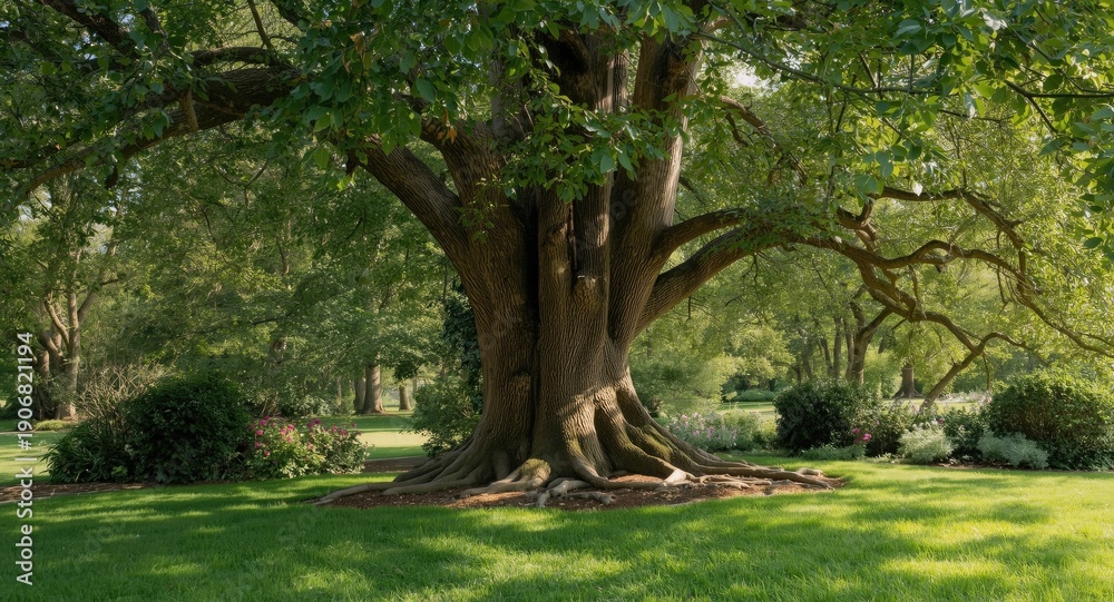 Obraz premium Graceful walnut tree in a quiet garden with abundant foliage and soothing atmosphere