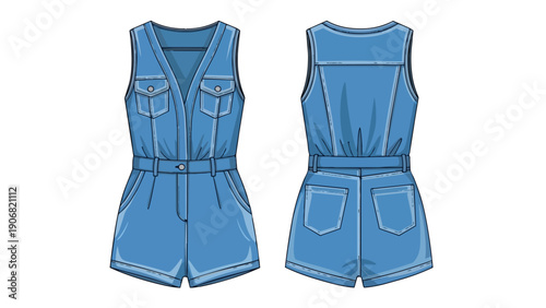 Technical flat sketch of a chic light blue denim sleeveless romper with front and back views, ideal for fashion design and apparel development