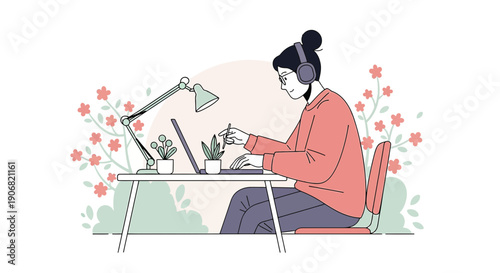 Woman Working on Laptop with Headphones Surrounded by Floral Illustrations and Plants