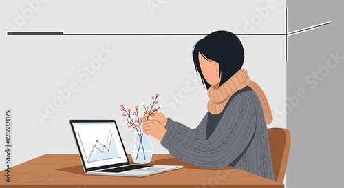 Woman working on laptop with flowers, minimalist illustration, cozy winter scene