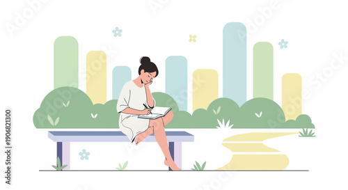 Woman Writing in Notebook on Park Bench with Abstract Greenery and Trees