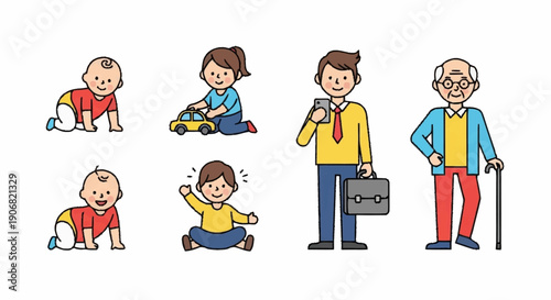 Illustrations depicting human life stages from infancy to old age.