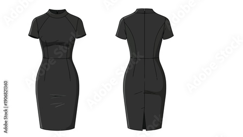 Elegant technical flat sketch of a women's black mock neck short sleeve pencil dress design template for fashion