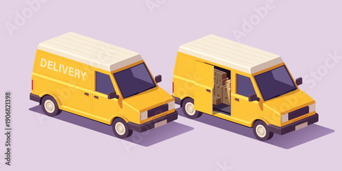 3D Cartoon Delivery Van with Open and Closed Side Door, Parcel Boxes Inside, Logistics and Shipping Concept Illustration