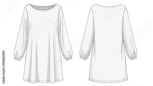 Elegant loose-fit boat neck dress technical sketch with gathered long sleeves front and back views a detailed fashion illustration for designers and