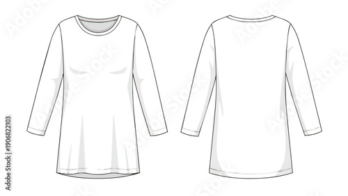 Women's long-sleeve crew neck tunic flat sketch, front and back views, ideal for fashion design and apparel technical drawing mock-ups