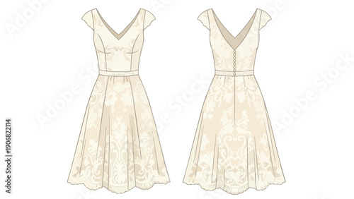 Elegant cream A-line dress fashion flat sketch with V-neck and cap sleeves, illustrating front and back views, featuring a cinched waist and
