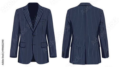 Sophisticated navy blue pinstripe blazer showcasing front and rear views against white background for fashion and business contexts