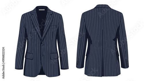 Elegant Navy Pinstripe Blazer Front and Back Views Professional Apparel Studio Display