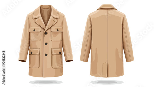 Detailed vector illustration showcasing a versatile men's casual coat, front and back views, in a classic beige color palette.