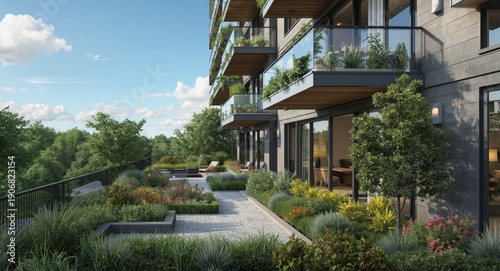 Apartment development with modern balconies open windows and landscaped outdoor areas