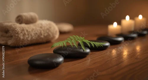 Panel kuchenny z motywem Hot stone therapy scene with towel candles and green fern on wooden spa surface