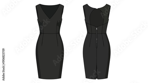 Technical flat drawing of a modern black sleeveless V-neck sheath dress, highlighting both the front silhouette and detailed back with zipper
