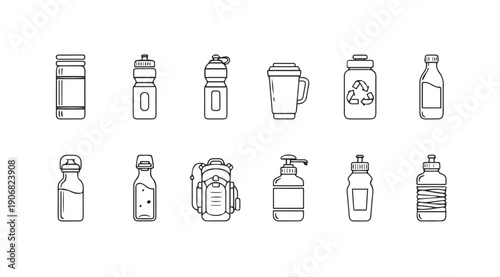 Collection of bottle and container icons, including sports bottles, jars, and pump dispensers.