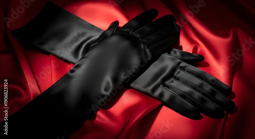 A pair of black leather gloves displayed on a waving red satin fabric from an overhead viewpoint