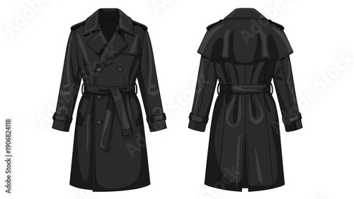 Elegant vector illustration of a classic black double-breasted trench coat design showcasing both front and back views for versatile fashion concepts