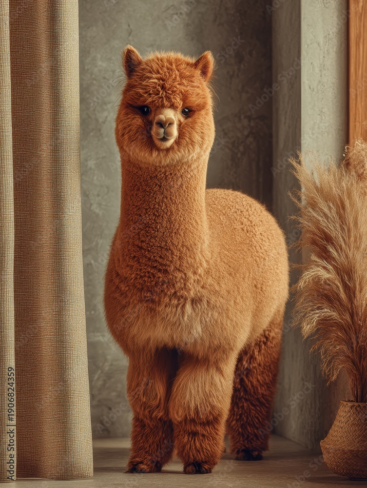 Fototapeta premium A soft llama is positioned indoors against a textured background, creating a tranquil atmosphere.
