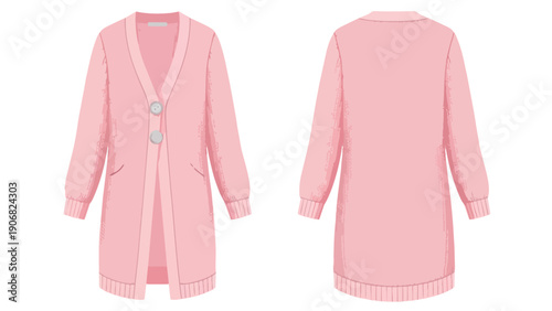 Elegant soft pink knitted long cardigan vector illustration displaying both the front with buttons and pockets and the plain back view on white