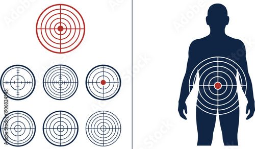 Human Body Target Illustration with Shooting Practice Bullseye Circles for Training Accuracy, Aim Concepts, Risk Analysis, and Infographic Vector Designs