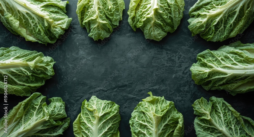 Fototapeta premium Fresh savoy cabbage leaves spread on a dark textured background with copy space for menu cards