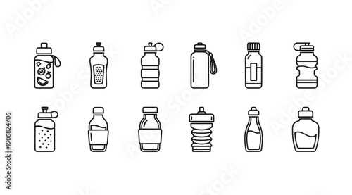 Collection of diverse water bottle icons, line art, isolated on white