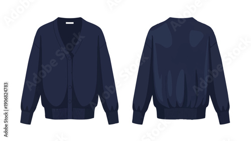 Classic navy blue V-neck cardigan illustration with front and rear views, depicting casual comfortable knitwear for versatile fashion. This flat