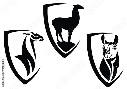 llama side view silhouette and profile head in simple heraldic shield - livestock farm black and white vector emblem design set