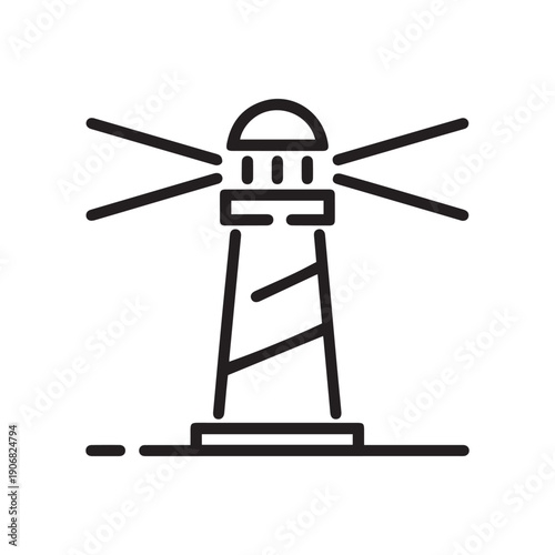 Modern Lighthouse Vector Icon with Light Beams for Maritime Safety Navigation and Coast Guard Logo Design