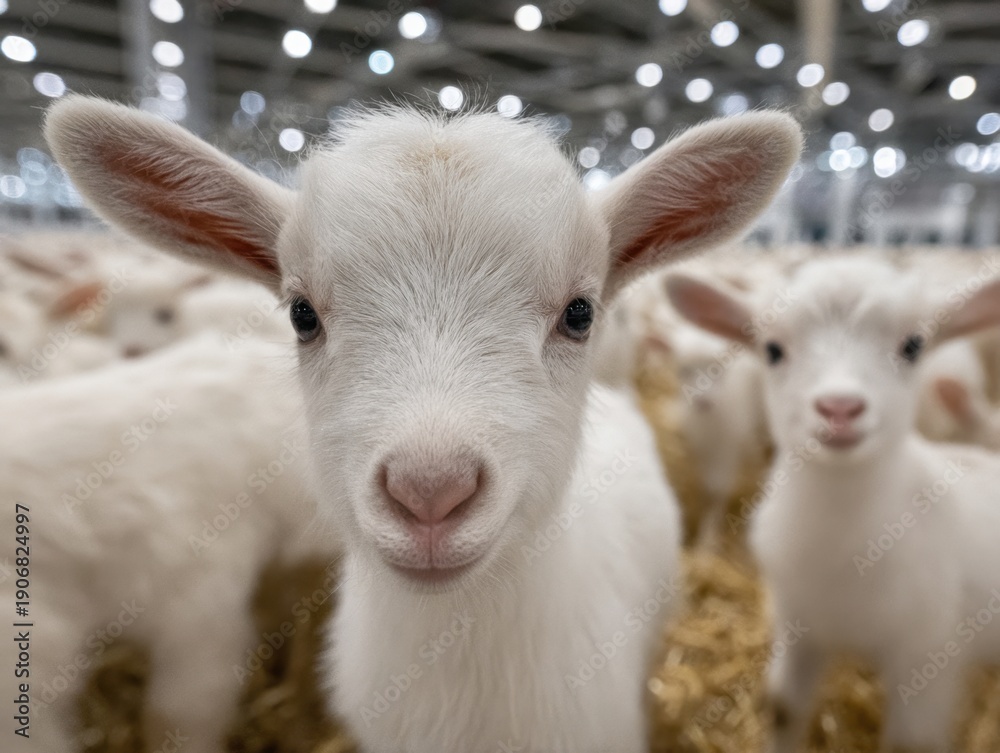 Fototapeta premium A close-up shot of a young white lamb with curious eyes in a farm setting.