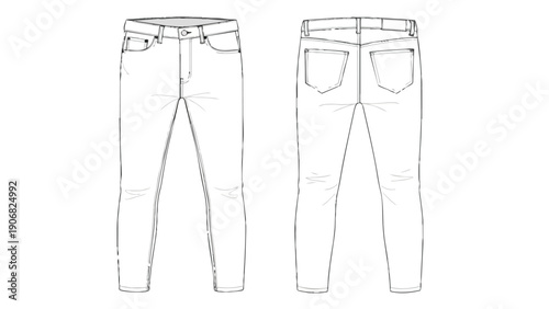 Technical fashion flat sketch of slim-fit denim jeans, front and back views, apparel design vector.