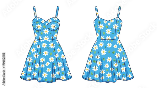 Vibrant blue sundress illustration with sweet white daisy blossoms and fresh green foliage on light fabric