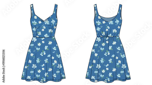 Illustrative representations of two charming blue floral print dresses, showcasing distinct design elements like varied necklines and waist styles