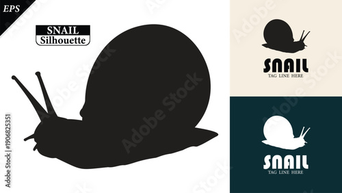 snail silhouette isolated on white background with logo text space, featuring a clean black shape symbolizing nature, patience, simplicity. Ideal for logos, snails vector silhouette icon, snail logo