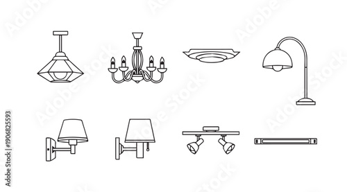 Collection of lighting fixture line art icons: chandelier, sconce, pendant, lamp, spotlight