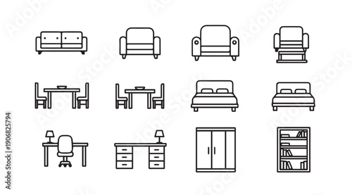 Collection of Line Art Furniture Icons: Sofa, Bed, Desk, Table, Wardrobe, Bookshelf