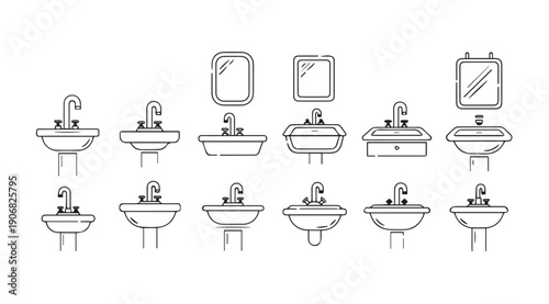 Collection of Line Art Bathroom Sinks and Mirrors, Various Styles