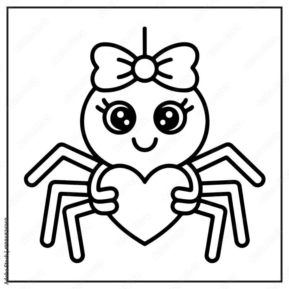 Naklejka premium Adorable cartoon spider holding a heart cute drawing