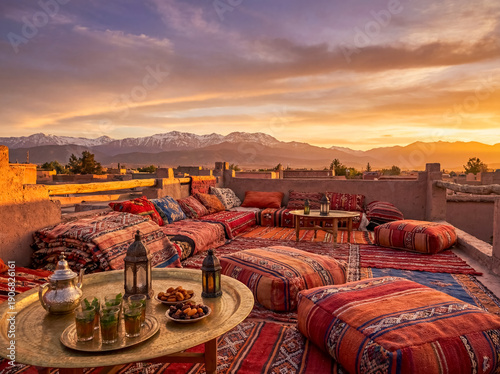 Luxury terrace with atlas mountains view at sunset landscape background morocco travel destination tourism copy space leisure relaxation lifestyle
