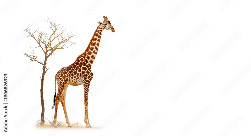 Obraz premium Active giraffe posing near leafless tree on clean white background
