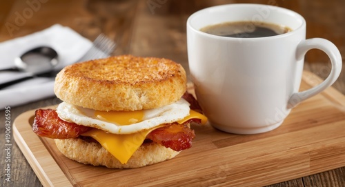 Delectable fried egg bacon and cheese sandwich on golden toasted English muffin alongside fresh brewed coffee