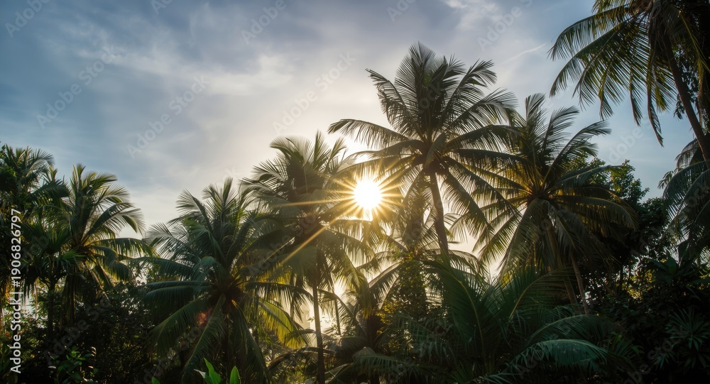 Fototapeta premium Golden summer sunlight under a tropical sky scene