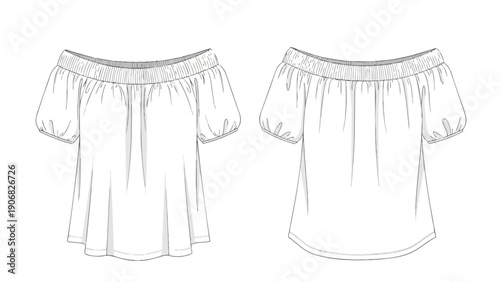 Contemporary off-shoulder blouse design flat sketch presenting front and back views, showcasing a shirred neckline and elegant voluminous sleeves