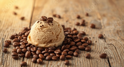Creamy vegan coffee gelato presented on wood with coffee beans perfect for summer enjoyment