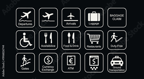 Airport vector line icon set. Contains linear outline icons like Plane, Ticket, Baggage, Seat, Wifi, Bag, Departure, Terminal, Passport, Transport, Luggage, Airplane. Editable use and stroke for web