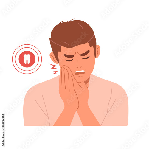 Vector sick man holding his cheek with tooth pain. The patient of dentist with toothache. Dental symptoms of teeth and gum inflammation as a result of caries or pulpitis