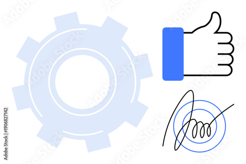 Process management. Gear, thumbs-up, and digital signature elements process management, approval, and authentication. Process in business, automation, documents and workflows enhancing efficiency