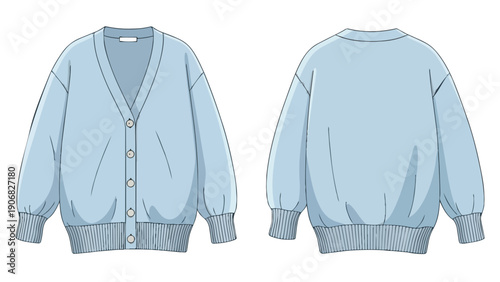 Minimalist light blue v-neck cardigan illustration featuring front and back views comfortable casual apparel design template showcasing a relaxed