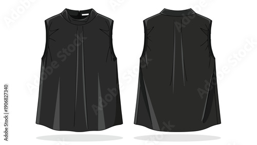 Sophisticated black sleeveless mock neck blouse flat sketch showcasing intricate pleat details and a versatile silhouette for modern apparel fashion