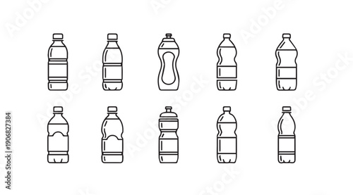 Collection of Line Art Water Bottle Icons, Various Shapes and Sizes